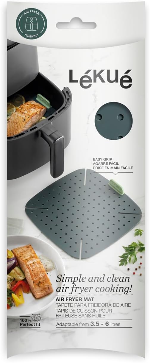 Lékué Air Fryer Liner Mat - Gray - 100% Platinum Silicone Reusable Flat Perforated Baking Tray for Air Frying, Fits in Draw, Flexible Corners, Pull-up Handle for Easy Removal