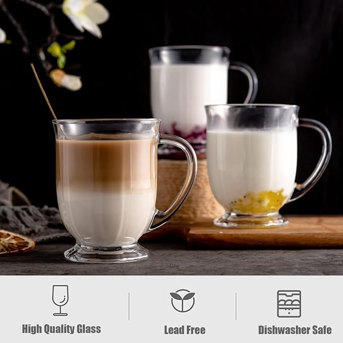 Glass Mug Set of 8, 15 oz Large Capacity Coffee Mugs with Handles, Clear, with 8 Spoons; Ideal for Latte, Espresso, Juice, Tea