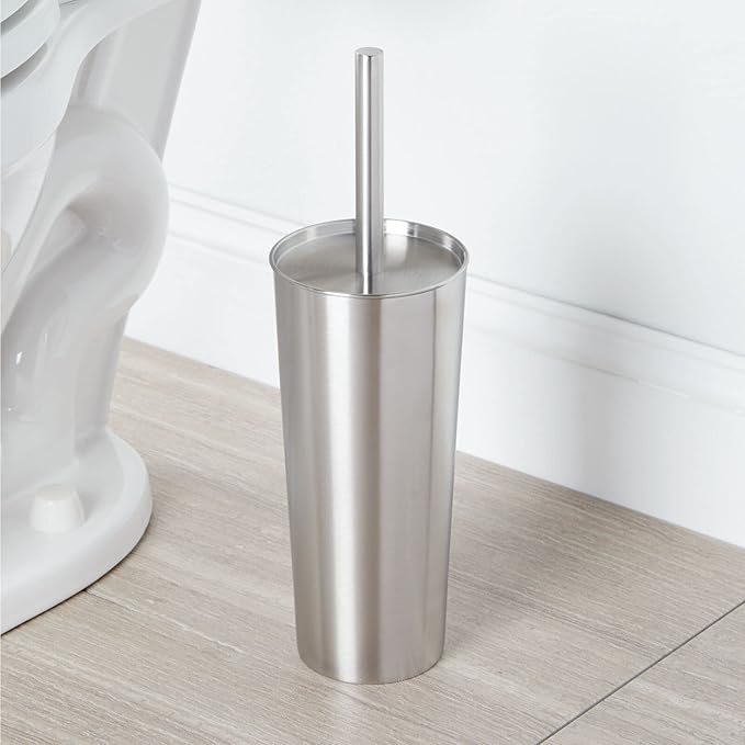 mDesign Modern Compact Freestanding MetalToilet Bowl Brush and Rectangle Open Wastebasket Garbage Can Combo Set for Bathroom Storage - Sturdy, Deep Cleaning - Set of 2 - Stainless Steel