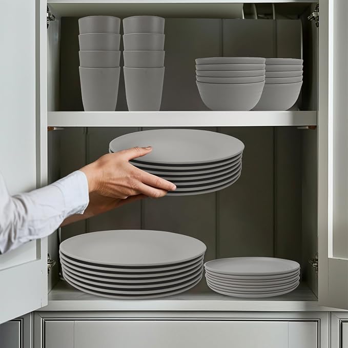 Wrova 40Pack plates and bowls sets for kitchen - Unbreakable wheat straw dinnerware sets service for 8 - Alternative plastic 40pcs dish sets for picnic,camping and R.V. - (Grey)