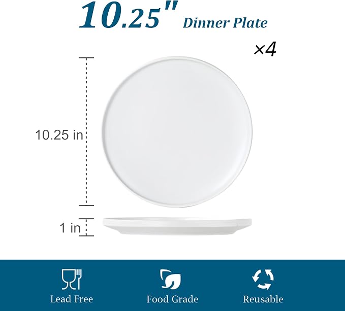 Ceramic Dinner Plates, 10.25 Inch, Set for 4, Modern White | Flat Dish Design, Microwave & Dishwasher Safe, Perfect for Family and Entertaining, For Steak, Sandwiches, Pizza, Pasta