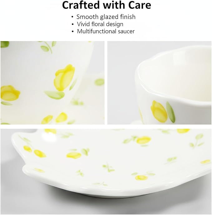 Unique Ceramic Tea Cup and Saucer Set, Coffee Mug, Cup and Saucer Set, Cute Fancy Women's Day Girly Afternoon Tea Set, 5.4 oz/160 ml Vintage Style, For Women and Tea Parties, Yellow flowers