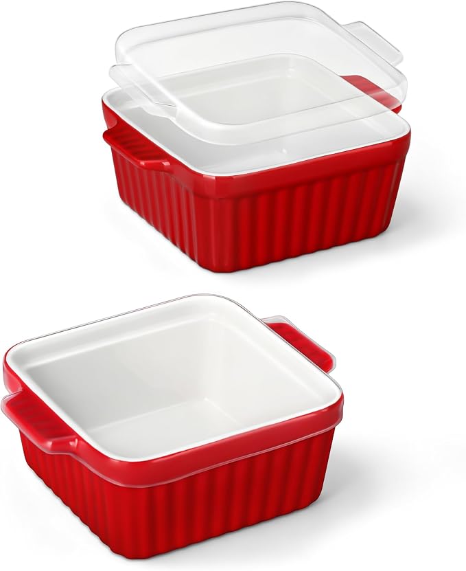 MALACASA Baking Dishes for Oven, Small Ceramic Baking Dishes with Silicone Lids for Individual Portions 5.5" x 5.5" Square Casserole Dishes Set of 2 Oven Microwave, and Air Fryer Safe, Red