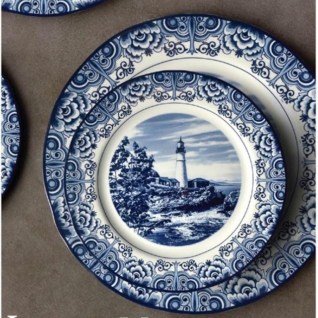 Tudor Royal 12-Piece Round Porcelain Dinnerware Set, Service for 4 - Light House Dark Blue Design, Plates Bowls Dishes, Premium Quality Tableware, Unique Pattern, Glossy