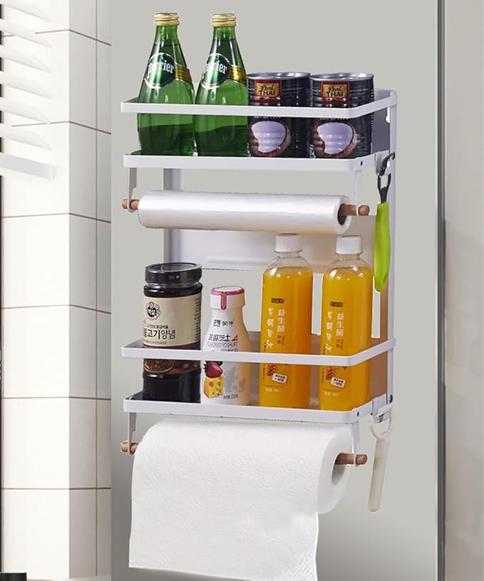 Refrigerator Magnetic Spice Rack,Foldable Kitchen Magnetic Side Storage Organizer Shelf with Wooden Holder,White