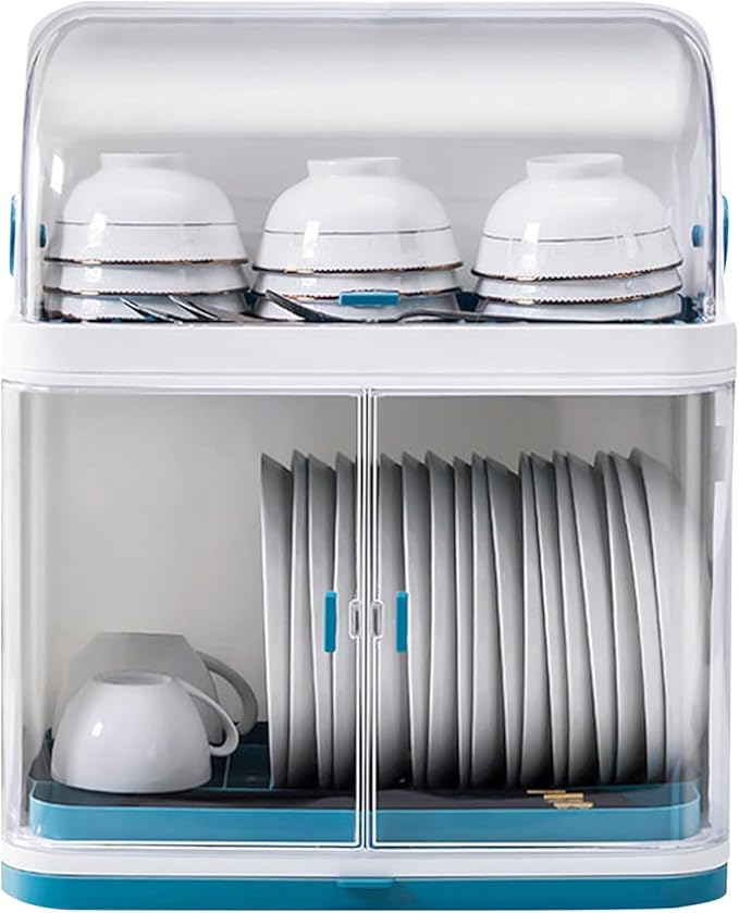 2 Tier Dish Drying Rack with Cover, Plastic Kitchen Plate Cup Dish Drying Rack， with Removable Drain Board, for Dish/Knifes/Cup, Blue, White