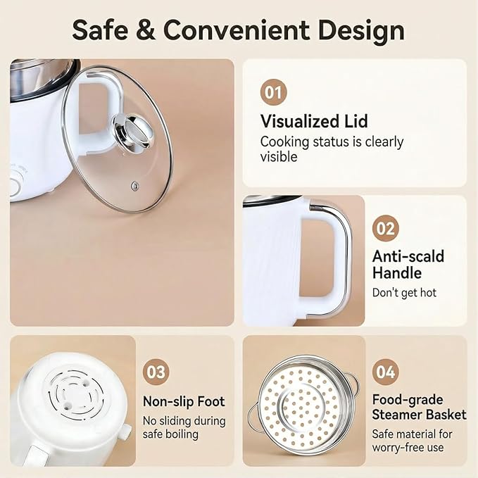 1.6L Electric Ramen Cooker Multicooker: Non-Stick Hot Pot for Instant Noodles Pasta Oatmeal Stews Soup Shabu-Shabu and Egg Dorm Cooking Includes Steamer Basket & Glass Lid Power Adjustment White