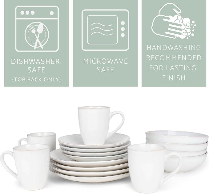 Elanze Designs Reactive Glaze Stone Ceramic Plates Bowls Mugs Classic Dinnerware 16 Piece Set - Service for 4, White