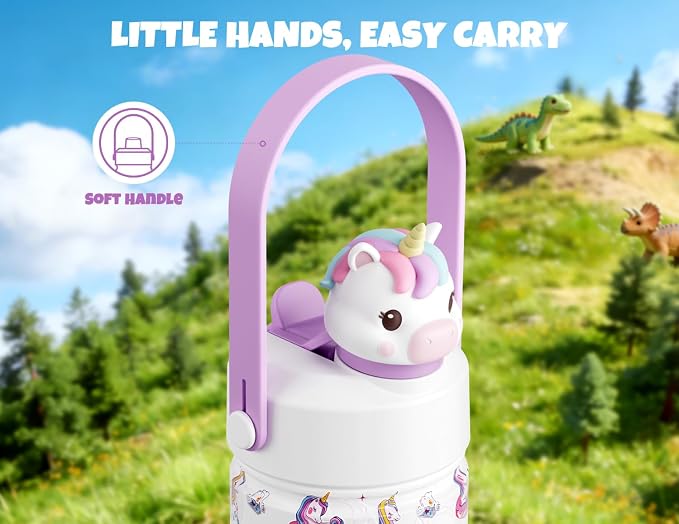 POWCAN Kids Water Bottle for School: 2-in-1 Straw Spout Lid with Soft Animal Head, Leakproof, Backpack Friendly, Keep Cold 24H, Insulated cup for Sports, Trip, Holiday Gift, Unicorn Starland 18 Ounces