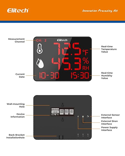 Elitech Bluetooth Hygrometer Thermometer Reusable Temperature Recorder Data Logger with Large Screen Data Storage Export, DR-230-THDE with Dual External Temperature and Humidity Sensor