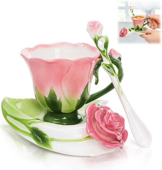 Cididu Pink Tea Cups with Saucer and Spoon, 4.5 Oz Small Ceramic Rose Flower Tea Cup Set for Women Girls, Hand Crafted Vintage Coffee Latte Mug, Fancy Teaware for Mother's Day, Birthday Gift, Wedding
