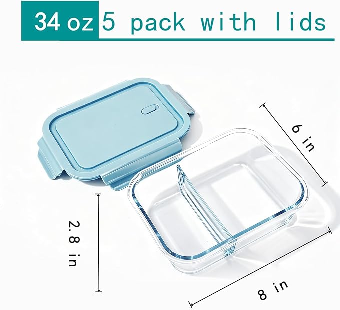 5Pack (34oz-2 Compartments with Lunch Bag) Glass Food Storage Containers with Lids for Kitchen Meal Prep, Fridge Organization, Lunch Box