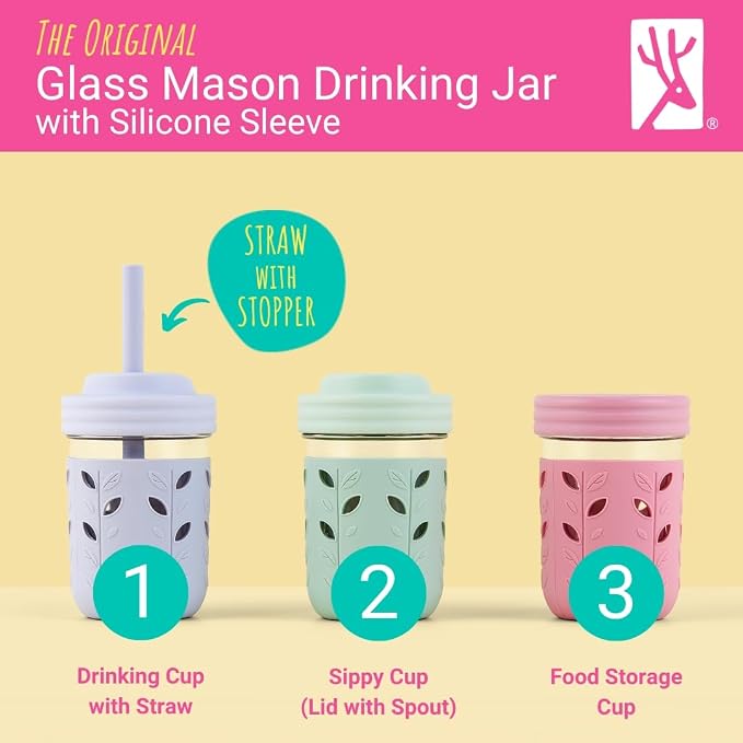 Elk and Friends Kids + Toddler Glass Cups | The Original 8oz Glass Mason Jar with Sleeves + Lids | Silicone Straws + Stopper | Smoothie Cup | Food Storage | Spill Resistant | Dishwasher Safe | 4 Pack