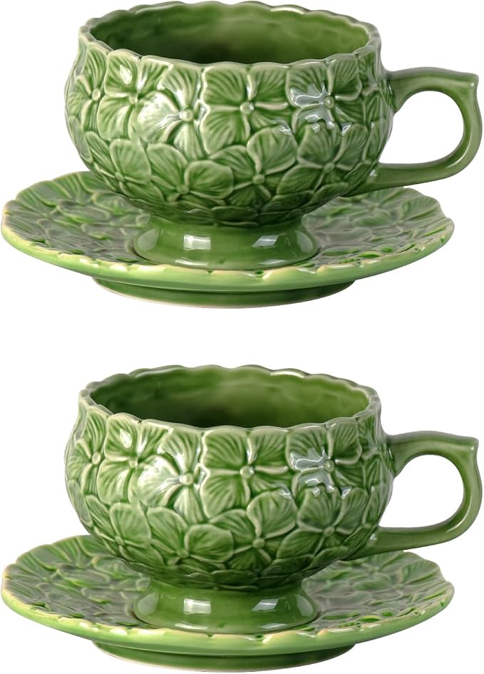 KAMMAK Tea Cups and Saucers Set of 2, Porcelain Coffee Cups, 8.5-Ounce Stackable Espresso Mugs, Ceramic Demitasse for Coffee, Latte, Americano, Tea, Green Flower