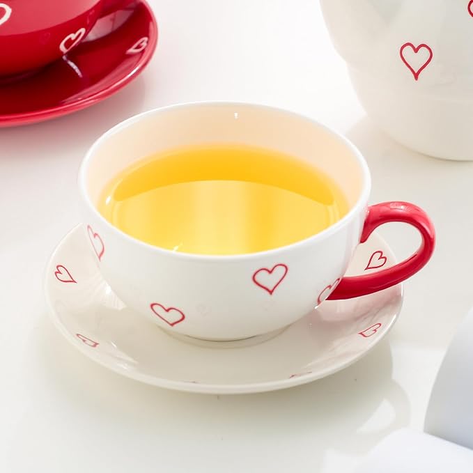 Domini Teapot cup combo,Teapot and Teacup for One,Tea Cup and Saucer Set-Tea Pot Set Gift for Girl Women,Bright white