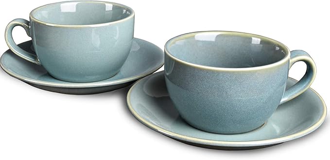 Bosmarlin Ceramic Coffee Cup Mug with Saucer Set of 2 for Latte, Cappuccino, Tea, 8.5 Oz, Dishwasher and Microwave Safe(Sage Green, 2)