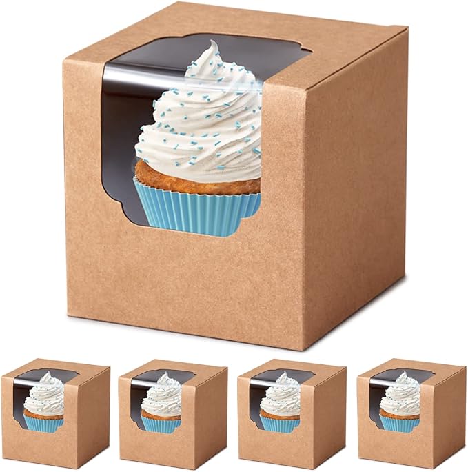 100 Pcs Kraft Brown Cupcake Boxes Individual Bulk Paper Cupcake Containers Single with Insert and Window, Pop up Cookie Boxes and Cocoa Bombs Boxes Packaging for Bakery Gift Giving