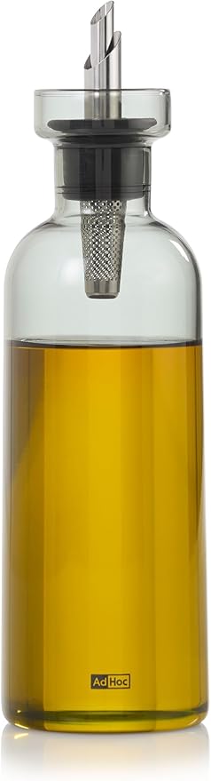 AdHoc AromaPour Oil & Vinegar Dispenser - Reusable, No-Drip Glass Container with Stainless Steel Filter - Dishwasher Safe - 16.6 oz