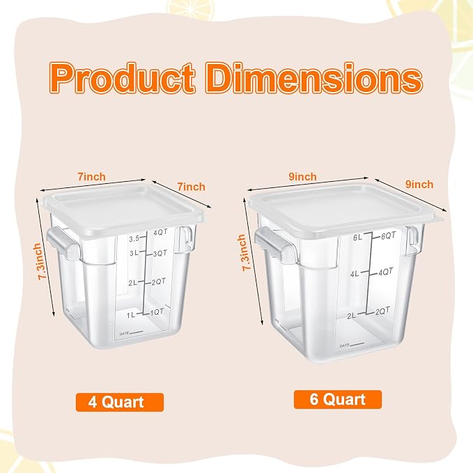 Suclain 8 Pack 4 QT and 6 QT Food Storage Containers with Lids Scales Handles Square Clear Restaurant Food Storage Containers Polycarbonate Commercial Grade for Kitchen Marinating Meat Dough(White)
