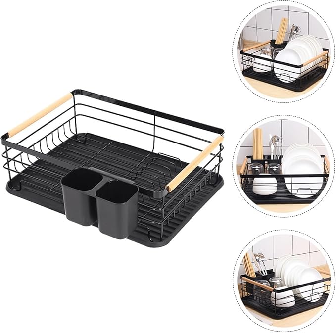BESPORTBLE Kitchen Plate Rack Dish Drying Rack Over Sink Black Iron Dish Drainer with Cutlery Holder Compact Storage for Home Kitchen Countertop
