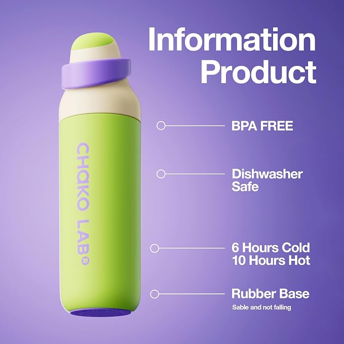 CHAKO LAB Insulated Stainless Steel Water Bottle, BPA-Free Sports Water Bottle,Spout and Straw,Leak Proof Locking Lid,Designed for Travel, School, and Sport,BPA Free,23 oz,Green