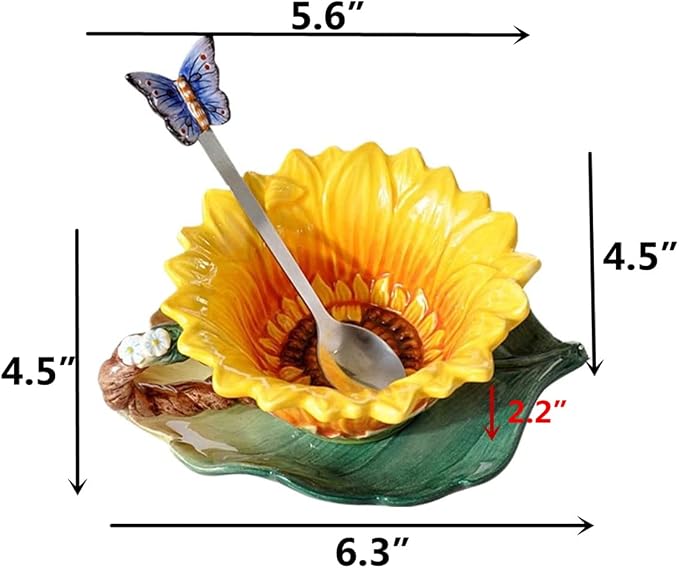 Ceramic Coffee Mug & Saucer Set, 3D Sunflower & Leaf, 6oz | Hand-painted, Handmade, Includes Spoon, Birthday Gift for Women