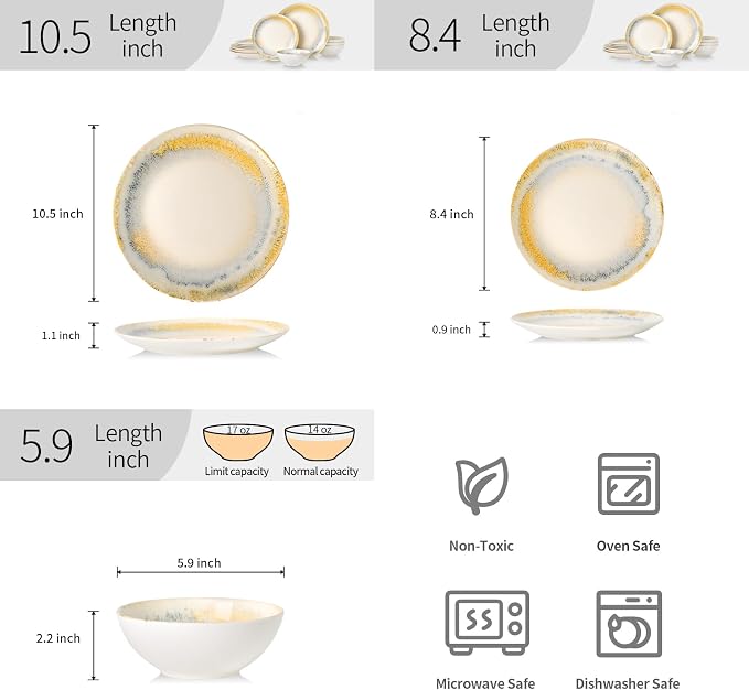 DOMICREVERY Ceramic Dinnerware Sets for 4, 12 pcs Scratch Resistant Dish Set, Lemon Sea