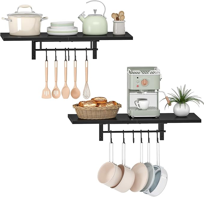 CHOEZON Wall-Mounted Pot Racks, Set of 2 Hanging Pot Rack, Floating Shelves, Wall Shelves, Vintage Pot Hangers for Kitchen, Wall Rack for Kitchen Storage, Black TPR27P2BB