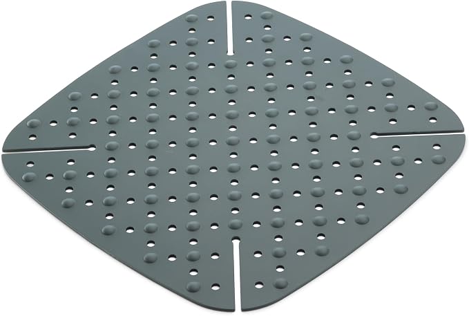 Lékué Air Fryer Liner Mat - Gray - 100% Platinum Silicone Reusable Flat Perforated Baking Tray for Air Frying, Fits in Draw, Flexible Corners, Pull-up Handle for Easy Removal