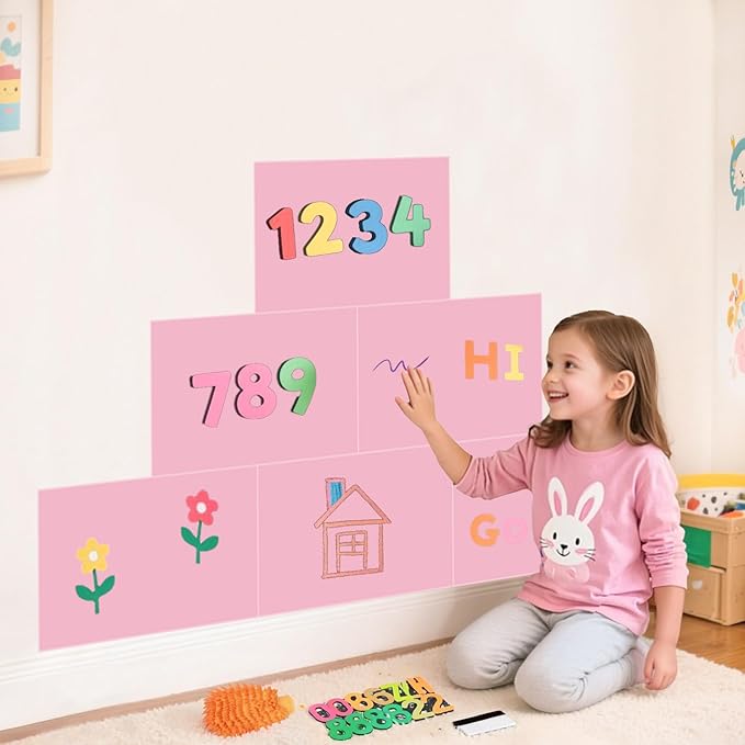 Magnetic Chalkboard Wall Decal Pink Set of 6 Peel and Stick Magnet Sheets with Chalk Tangram Puzzle and Multiple Accessories Magnetic Chalk Boardfor Home Playroom and Classroom