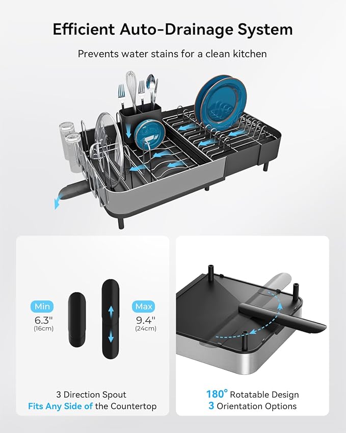 SUNLY Expandable Dish Drying Rack, Versatile Brackets for Pots & Pans, Space Saving Kitchen Drying Rack, Dish Racks for Kitchen Counter, Stainless Steel Dish Drainers with Extendable Spout, Black
