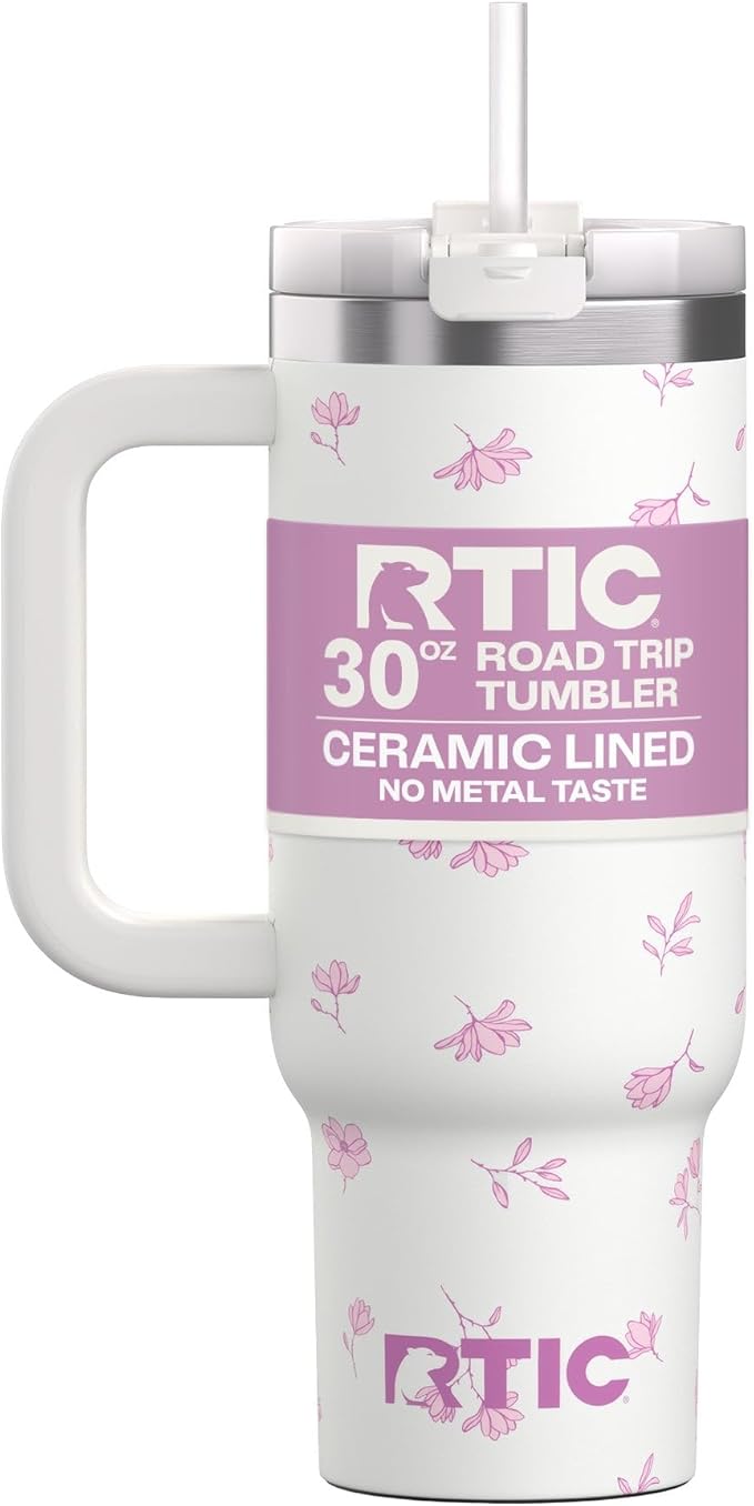 RTIC 30 oz Road Trip Tumbler Double-Walled Ceramic Lined InsulatedStainless Steel Portable Travel Coffee Mug Cup with Lid, Handle and Straw, Pink Magnolias