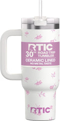 RTIC 30 oz Road Trip Tumbler Double-Walled Ceramic Lined InsulatedStainless Steel Portable Travel Coffee Mug Cup with Lid, Handle and Straw, Pink Magnolias