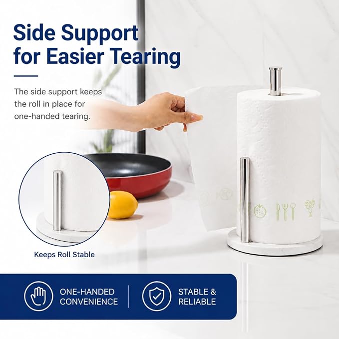 Chrome Paper Towel Holder,Stainless Steel Paper Towel Holder for Kitchen Roll Organize, Standard or Jumbo-Sized Roll Paper, Countertop Roll Dispenser with Marble Base