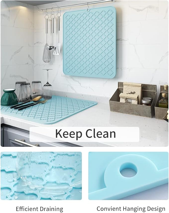 AMOAMI-Dish Drying Mats for Kitchen Counter-Silicone Dish Drying Mat-Kitchen Dish Drying Pad Heat Resistant Mat-Kitchen Gadgets Kitchen Accessories Kitchen Small Appliances(16" x 18",LIGHT BLUE)