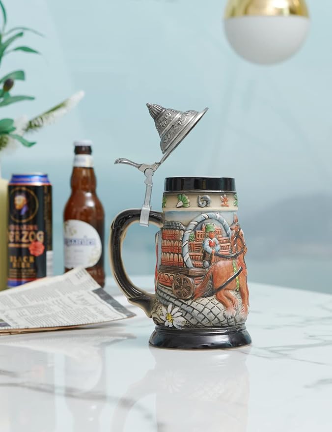 HAUCOZE Beer Stein Mug German Oktoberfest Drinking Viking Tankard with Pewter Lid Birthday Gifts for Men Father Husband 0.9 Liter