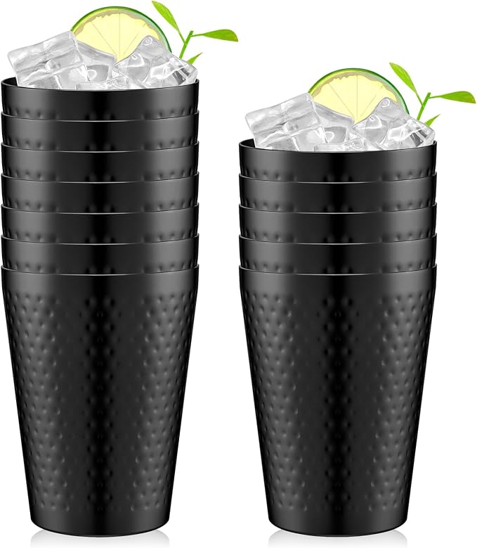 Tanlade 12 Pcs Aluminum Cups Bulk, 14 oz Copper Color Water Tumblers, Metal Cups for Drinking, Hammered Surfaces Mirror Finish Stackable Cold Glasses for Red or White Wine Iced Coffee (Black)
