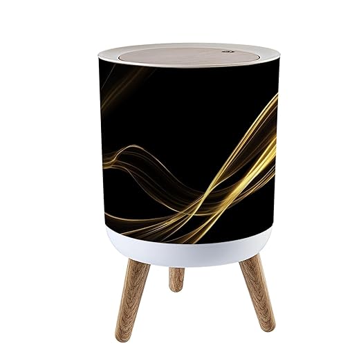 Trash Can with Lid Marble texture wall surface black gold ink graphic granite abstract Press Top Round Small Garbage Bin with Wooden Legs Waste Basket for Kitchen Bedroom Nursery 7L/1.8 Gallon