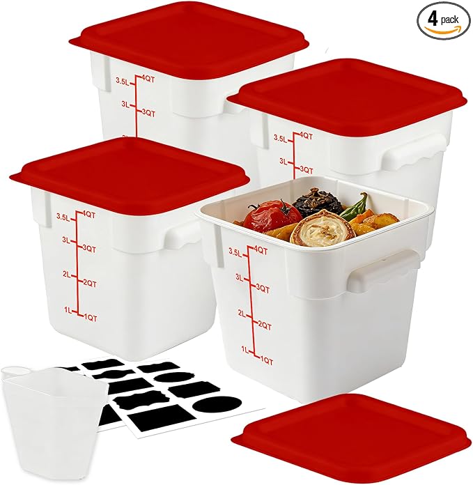 Square Food Containers with Lids 4-Pack, Commercial Grade Plastic Bins for Restaurant Kitchen Pantry Storage, Freezer & Dishwasher Safe (Red, 4QT-4PACK)