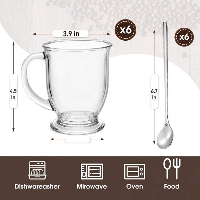 6 Pack Glass Coffee Mugs with 6 Spoons, 15 OZ Clear Drinking Glasses with Handle, Large Espresso Cup, Hot Cold Beverage Glassware Set for Water, Tea, Cappuccino, Latte, Juice, Cocoa, Milk