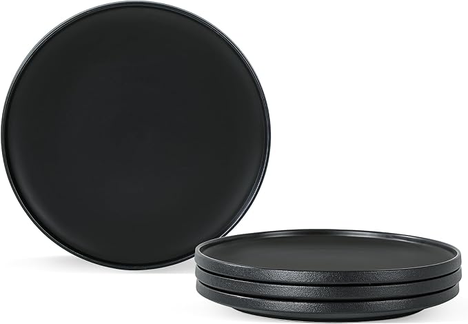Ceramic Salad & Dessert Plates Set, 8 Inch, Set of 4, Modern Black | Stoneware, Dishwasher & Microwave Safe, Small Dinner Plates, For Cake, Fruits, Waffle, Pasta, Salad
