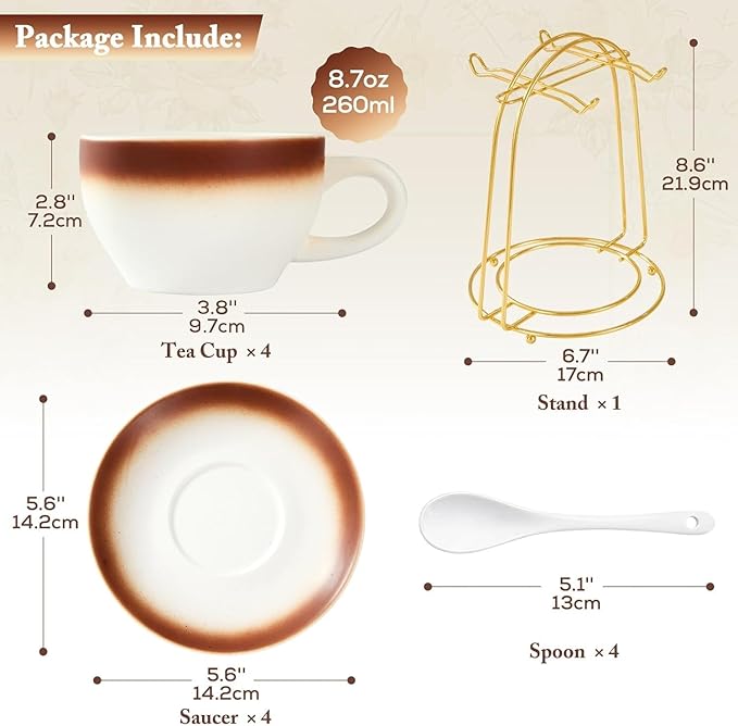 DUJUST Cappuccino Cups Set of 4 (8oz), Ceramic Cappuccino Mugs with Saucers, Spoons & Metal Stand, Latte Cup Set for Latte, Espresso & Americano, Gift Package