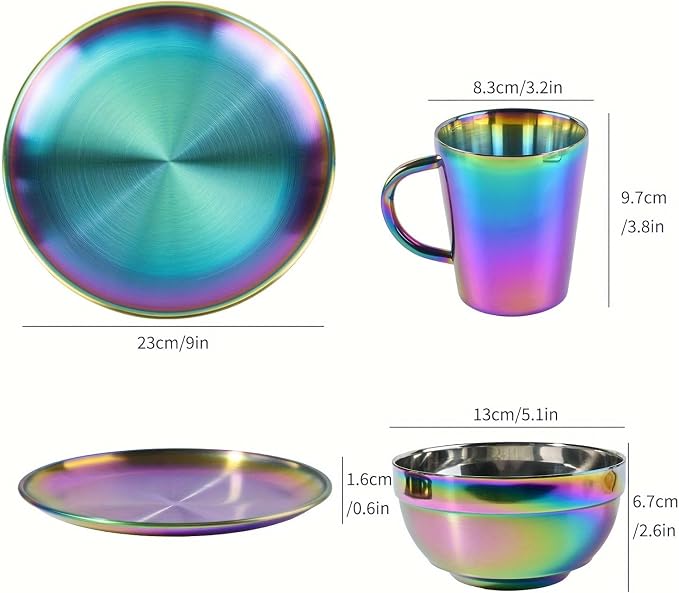 Stainless Steel Dinnerware Set - Plates and Bowls Set With Coffee, Pasta, Kitchen Utensils - KITCHEN AND DINING Essentials- is Dishwasher Safe and Microwave Safe （Rainbow）