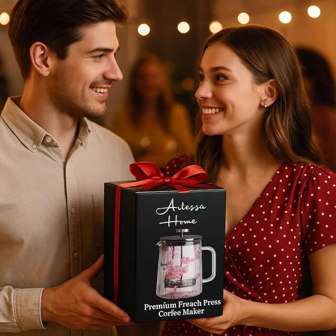 French Press Coffee Maker 22oz – Pink Floral Glass Design – Double-Wall Borosilicate Ribbed Coffee Press with Stainless Steel Filter – Manual Brewer & Tea Press