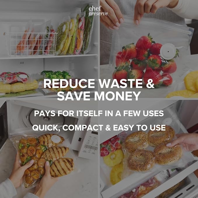 Chef Preserve Reusable Vacuum Sealer Bags for Food - 30 BPA-Free Small (8 x 10 in) Food Storage Bags, Freezer, Microwave - Odor-Resistant, Leak-Proof - Compatible with Chef Preserve Vacuum Sealers
