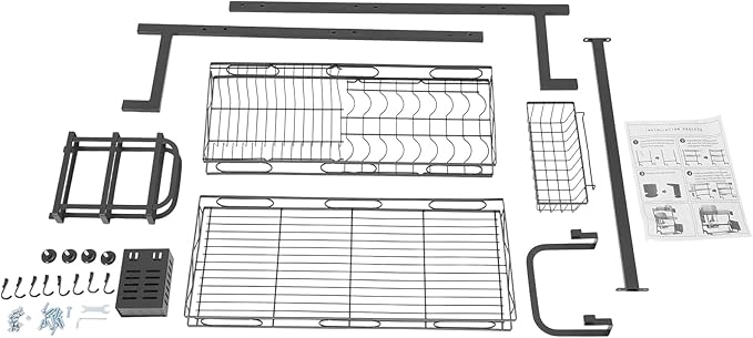 2-Tier Over Sink Dish Drying Rack, Multifunctional Kitchen Rack Extra Large Extendable Dish Rack Carbon Steel Over Sink Dish Rack with 8 Hooks for Kitchen Counter (24in)