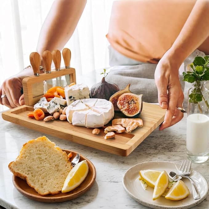 Cheese Board Charcuterie Board Set: Bamboo Cheese Tray Cheese Board Set, Wine Meat Serving Platters with Cheese Knife Set, Charcuterie Boards Gift Set for House Warming, Wedding, Anniversary