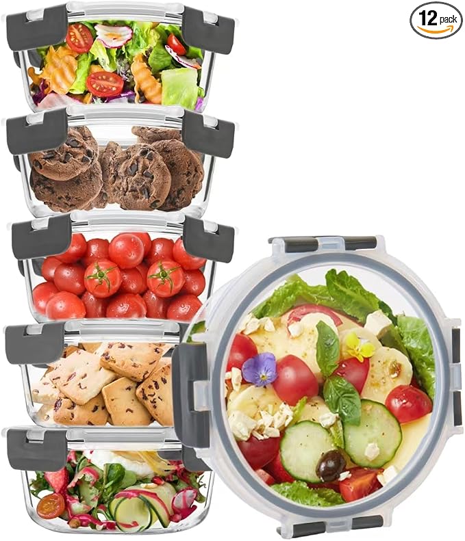 6 Pack Glass Food Storage Containers with Lids, Ideal for Meal Prep, Leftovers, Freezer to Microwave Safe (Grey, 21oz)