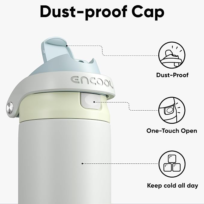ENCOOL Leakproof Insulated Water Bottle with Straw Dual-Sip Water Bottle Bag-Safe Design for Work, Commute & Gym – Keeps Drinks Cold All Day, 24 oz, Cloud-Hill White