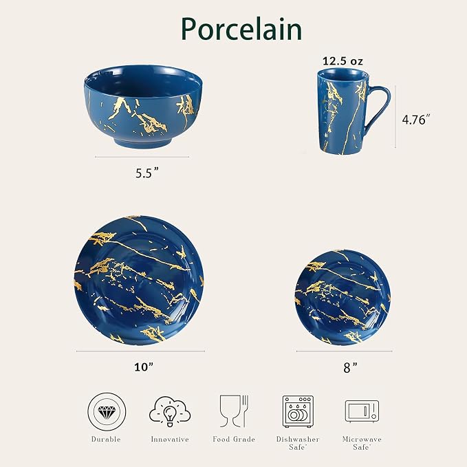 Modern Porcelain 16 Piece Blue Dinnerware Set,Plates and Bowls Sets,Gold Dish Set for 4,Blue Dinnerware Set,Dinner Sets with Dinner Plates.